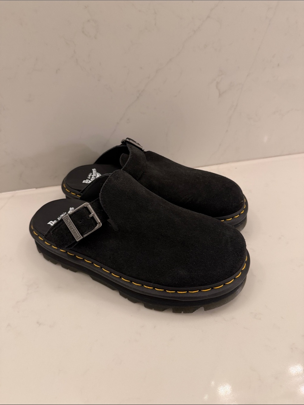 Dr. Martens Black Suede Clog Mule with Yellow Welt Stitching -never worn!
